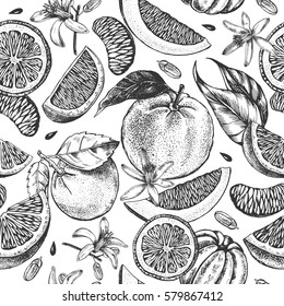 Decorative seamless pattern with ink hand-drawn orange, tangerine and citrus slices. Vector illustration.