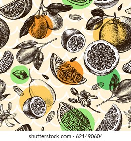 Decorative seamless pattern with ink hand-drawn kumquats, grapefruit and citrus slices. Vector illustration.