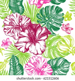 Decorative seamless pattern with ink hand-drawn Tropical flowers and leaves. Vector illustration.