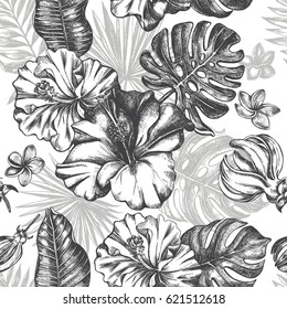 Decorative seamless pattern with ink hand-drawn Tropical flowers and leaves. Vector illustration.