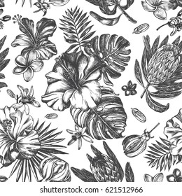 Decorative seamless pattern with ink hand-drawn Tropical flowers and leaves. Vector illustration.