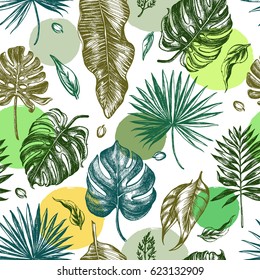 Decorative seamless pattern with ink hand-drawn Tropical leaves. Vector illustration.