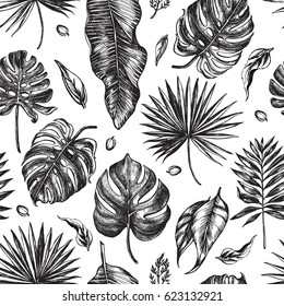 Decorative seamless pattern with ink hand-drawn Tropical leaves. Vector illustration.