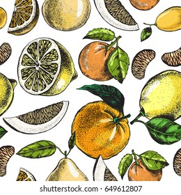 Decorative seamless pattern with ink hand-drawn citrus fruits. Vector illustration.