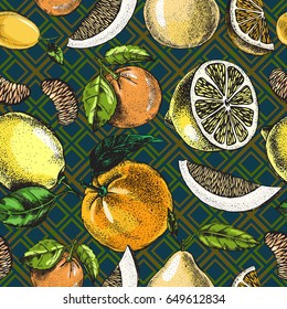 Decorative seamless pattern with ink hand-drawn citrus fruits. Vector illustration.