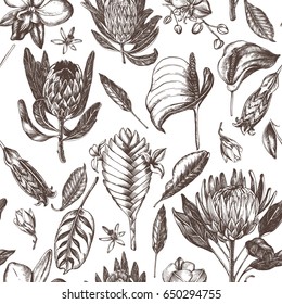 Decorative seamless pattern with ink hand-drawn Tropical exotic flowers and leaves. Vector illustration.