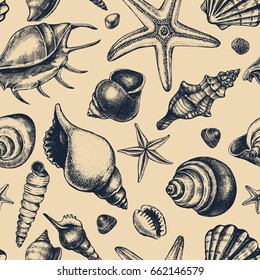 Decorative seamless pattern with ink hand-drawn different types mollusk sea shells, starfishs and pebbles. Marine elements texture. Vector illustration.
