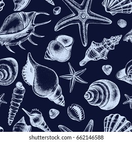 Decorative seamless pattern with ink hand-drawn different types mollusk sea shells, starfishs and pebbles. Marine elements texture. Vector illustration.