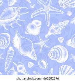 Decorative seamless pattern with ink hand-drawn different types mollusk sea shells, starfishs and pebbles. Marine elements texture. Vector illustration.