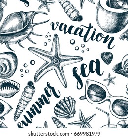 Decorative seamless pattern with ink hand-drawn mollusk sea shells, starfishs, pebbles and Beach Attributes. Marine elements texture with brush calligraphy style lettering. Vector illustration.