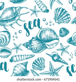 Decorative seamless pattern with ink hand-drawn various types mollusk sea shells, starfishs, pebbles. Marine elements texture with brush calligraphy style lettering. Vector illustration.