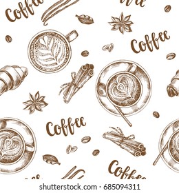 Decorative seamless pattern with ink hand-drawn Cups of cappuccino, spices and croissants. Coffee elements texture with brush calligraphy style lettering. Vector illustration.