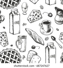 Decorative seamless pattern with ink hand-drawn food and drinks - milk, baguette, tea, coffee, pie, cheese. Breakfast elements texture. Vector illustration.