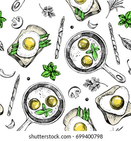 Decorative seamless pattern with ink hand-drawn food - fried eggs in a frying pan and toast. Breakfast elements texture. Vector illustration.