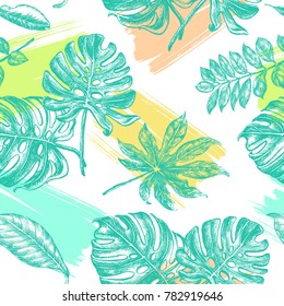 Decorative seamless pattern with ink hand-drawn Tropical leaves. Vector illustration.