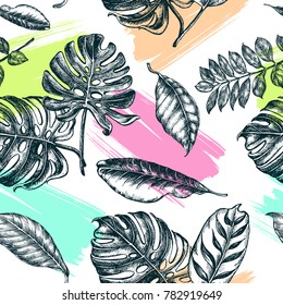 Decorativo patrón impecable con hojas tropicales dibujadas a mano. Ilustración vectorial.