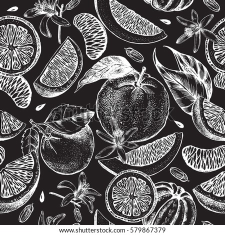 Decorative seamless pattern with ink hand-drawn orange, tangerine and citrus slices. Vector illustration.