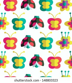 Decorative seamless pattern with insects and flowers. Background with ladybirds, flowers and butterflies