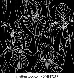 Decorative seamless pattern with iris  flowers. Vector outlines on black background.