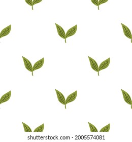 Dekoratives, nahtloses Muster mit isolierten kleinen grünen Blätterelementen. minimalistischer Hintergrund des Foliage. Vektorgrafik für saisonale Stoffdrucke, Stoffe, Banner, Hintergründe und Wallpaper.