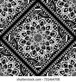 Decorative seamless pattern with lace floral ornament. Vector illustration. Black, white. For fashion print, wallpaper, tablecloth