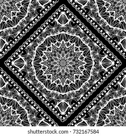 Decorative seamless pattern with lace floral ornament. Vector illustration. Black, white. For fashion print, wallpaper, tablecloth