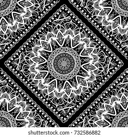 Decorative seamless pattern with lace floral ornament. Vector illustration. Black, white. For fashion print, wallpaper, tablecloth