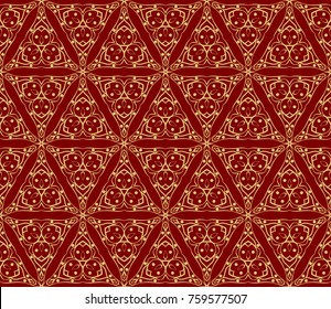 Decorative seamless pattern with lace floral ornament. Vector illustration. red, gold For fashion print, wallpaper, tablecloth