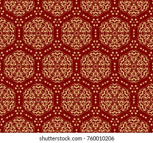 Decorative seamless pattern with lace floral ornament. Vector illustration. red, gold For fashion print, wallpaper, tablecloth