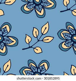 Decorative seamless pattern with leaves and flowers. Template for design wrappers, package, textile and backgrounds.