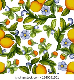 decorative seamless pattern of lemons and flowers on a white background