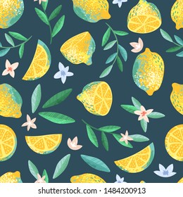 Decorative seamless pattern with lemons and flowers on a blue background.