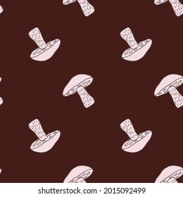 Decorative seamless pattern with light pink Leccinum scabrum mushroom ornament. Dark maroon background. Stock illustration. Vector design for textile, fabric, giftwrap, wallpapers.