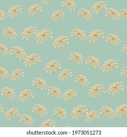 Decorative seamless pattern with little random beige licuala  palm ornament. Blue background. Nature print. Perfect for fabric design, textile print, wrapping, cover. Vector illustration.