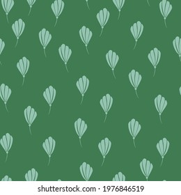 Decorative seamless pattern with little random flowers blue silhouettes shapes. Green background. Stock illustration. Vector design for textile, fabric, giftwrap, wallpapers.