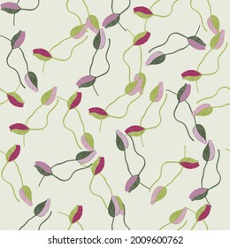 Decorative seamless pattern with little random abstract poppy bud flowers shapes. Pastel green background. Stock illustration. Vector design for textile, fabric, giftwrap, wallpapers.