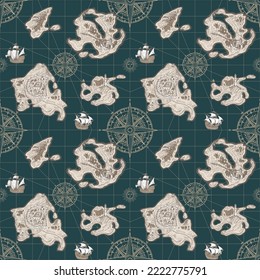 Decorative seamless pattern map with hand-drawn islands, sailing ships and wind roses on old paper backdrop. Vector background in vintage style. Suitable for wallpaper, wrapping paper, fabric