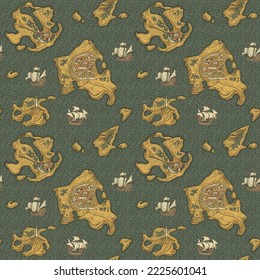 Decorative seamless pattern map with hand-drawn islands and old sailboats on water. Vector illustration in retro style. Childish cartoon background. Suitable for wallpaper, wrapping paper, fabric