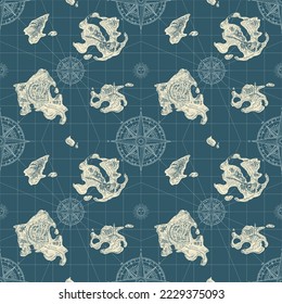 Decorative seamless pattern map with hand-drawn islands and wind roses on sea on old paper backdrop. Monochrome vector background in vintage style. Suitable for wallpaper, wrapping paper, fabric
