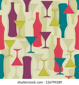 Decorative seamless pattern with martini bottles and glasses