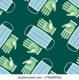 Patrón decorativo y sin fisuras de máscaras y guantes. Atributos obligatorios durante la pandemia del coronavirus.