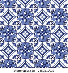Padrão decorativo sem emenda com azulejos mediterrânicos. Fundo costeiro azul e branco