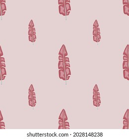 Decorative seamless pattern in minimalistic style with doodle pink palm leaves print. Pastel background. Graphic design for wrapping paper and fabric textures. Vector Illustration.