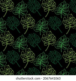 Decorative seamless pattern with monstera tropical leaves. Colorful hand drawn illustration. Hawaiian summer exotic print.
