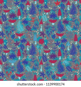 Decorative seamless pattern with mushrooms, ferns, leaves and moss on gray background. Magic forest pattern. Vector illustration   