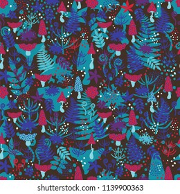 Decorative seamless pattern with mushrooms, ferns, leaves and moss on black background. Magic forest pattern. Vector illustration   