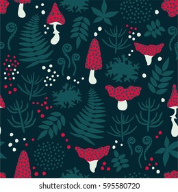 Decorative seamless pattern with mushrooms, ferns, leaves and moss on a black background. Magic forest pattern. Vector illustration 