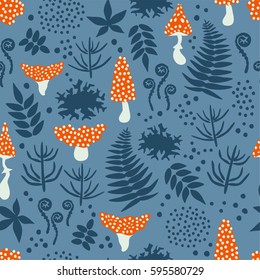 Decorative seamless pattern with mushrooms, ferns, leaves and moss on a black background. Magic forest pattern. Vector illustration 