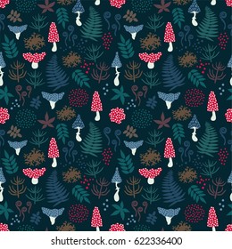 Decorative seamless pattern with mushrooms, ferns, leaves and moss on black  background. Magic forest  Vector seamless pattern  