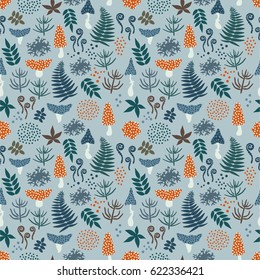 Decorative seamless pattern with mushrooms, ferns, leaves and moss on gray background. Magic forest pattern. Vector illustration   